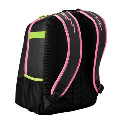 The Louisville Slugger Party Animals Powerized Stick Pack Backpack features black fabric, mesh back panels, two pink-trimmed shoulder straps, green accents like a horizontal strap and zipper pulls, and a zigzag design. Photographed on a white background.