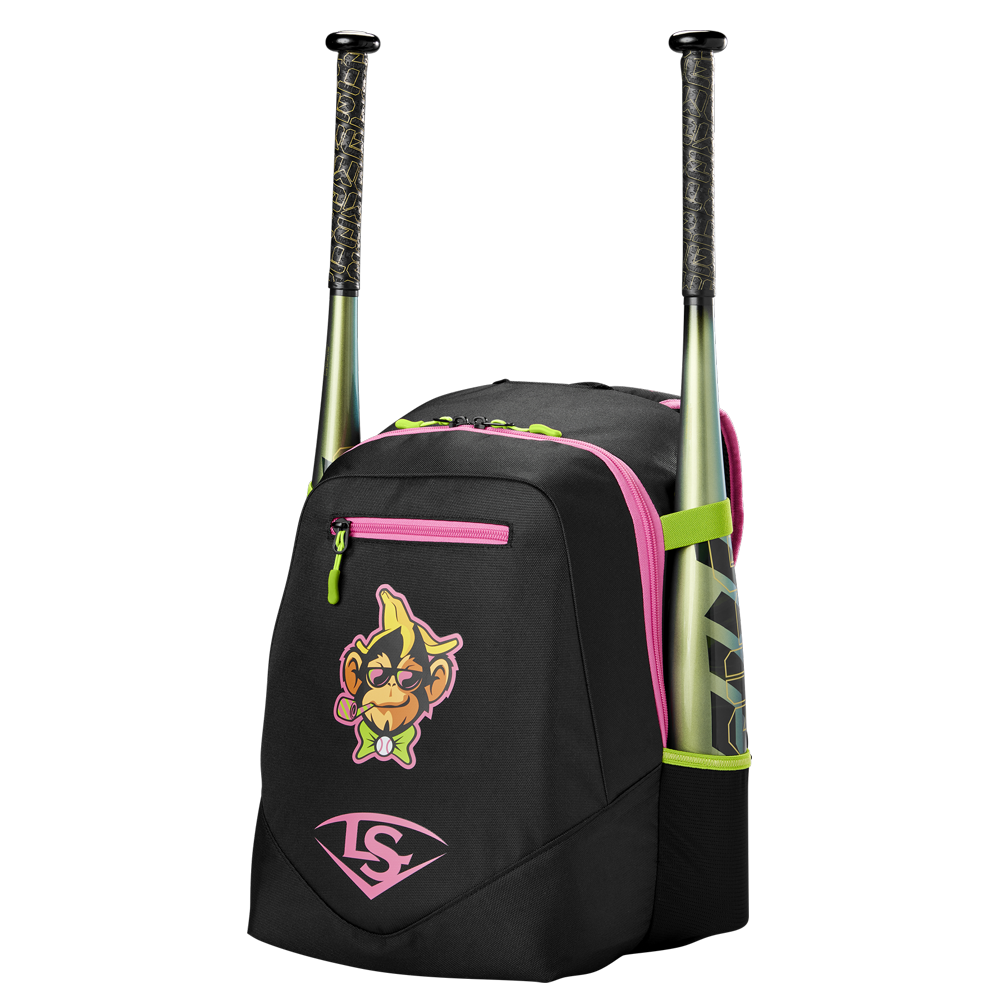The Louisville Slugger Party Animals Powerized Stick Pack Backpack (WB5763701) is a black youth bag with neon green zippers, pink trim, a cartoon face design, and white logo. Two bats fit upright in the side pockets.
