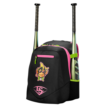 The Louisville Slugger Party Animals Powerized Stick Pack Backpack (WB5763701) is a black youth bag with neon green zippers, pink trim, a cartoon face design, and white logo. Two bats fit upright in the side pockets.