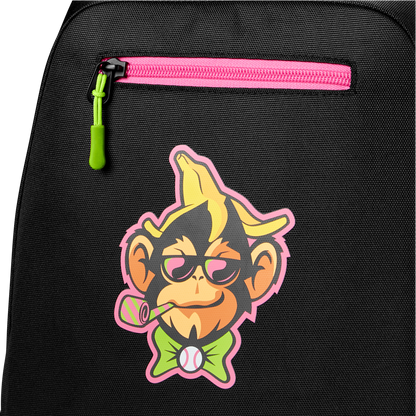 The Louisville Slugger Party Animals Powerized Stick Pack Backpack: WB5763701 is a black youth baseball bag with a pink zipper, green pull tab, and a fun cartoon monkey in sunglasses—ideal for Party Animals fans.