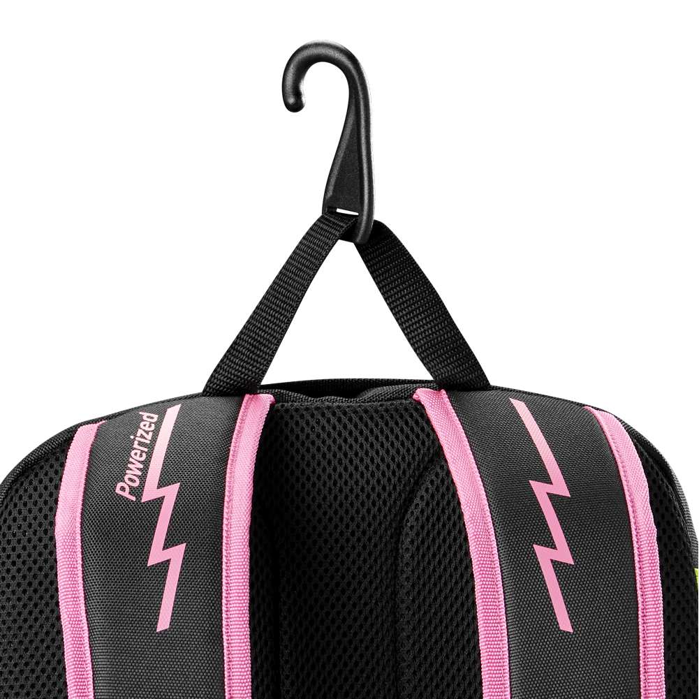 A black Louisville Slugger Party Animals Powerized Stick Pack Backpack with pink lightning bolt designs and pink-trimmed straps hangs from a black hook by its fabric loop, featuring the Louisville Slugger brand on one strap.