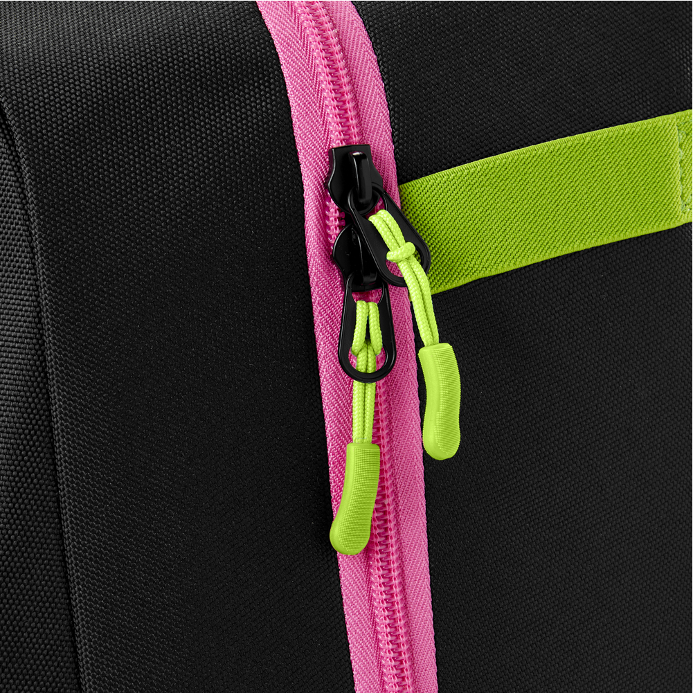 Close-up of the Louisville Slugger Party Animals Powerized Stick Pack Backpack (WB5763701), a black youth bag with a bright pink zipper, two neon green zipper pulls, and a matching green strap—perfect for party animals.