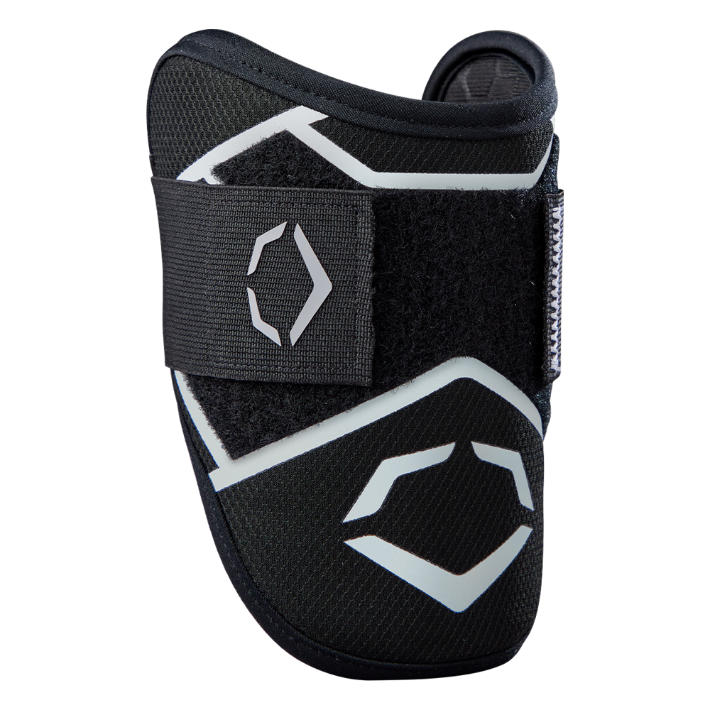 The EvoShield SRZ-2 Youth Batter's Elbow Guard (WB57645) in black features Gel-to-Shell technology for custom-molded protection, Velcro strap, and angular logo designs. Ideal for young athletes to guard the elbow during sports activities.