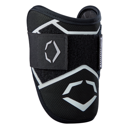 The EvoShield SRZ-2 Youth Batter's Elbow Guard (WB57645) in black features Gel-to-Shell technology for custom-molded protection, Velcro strap, and angular logo designs. Ideal for young athletes to guard the elbow during sports activities.