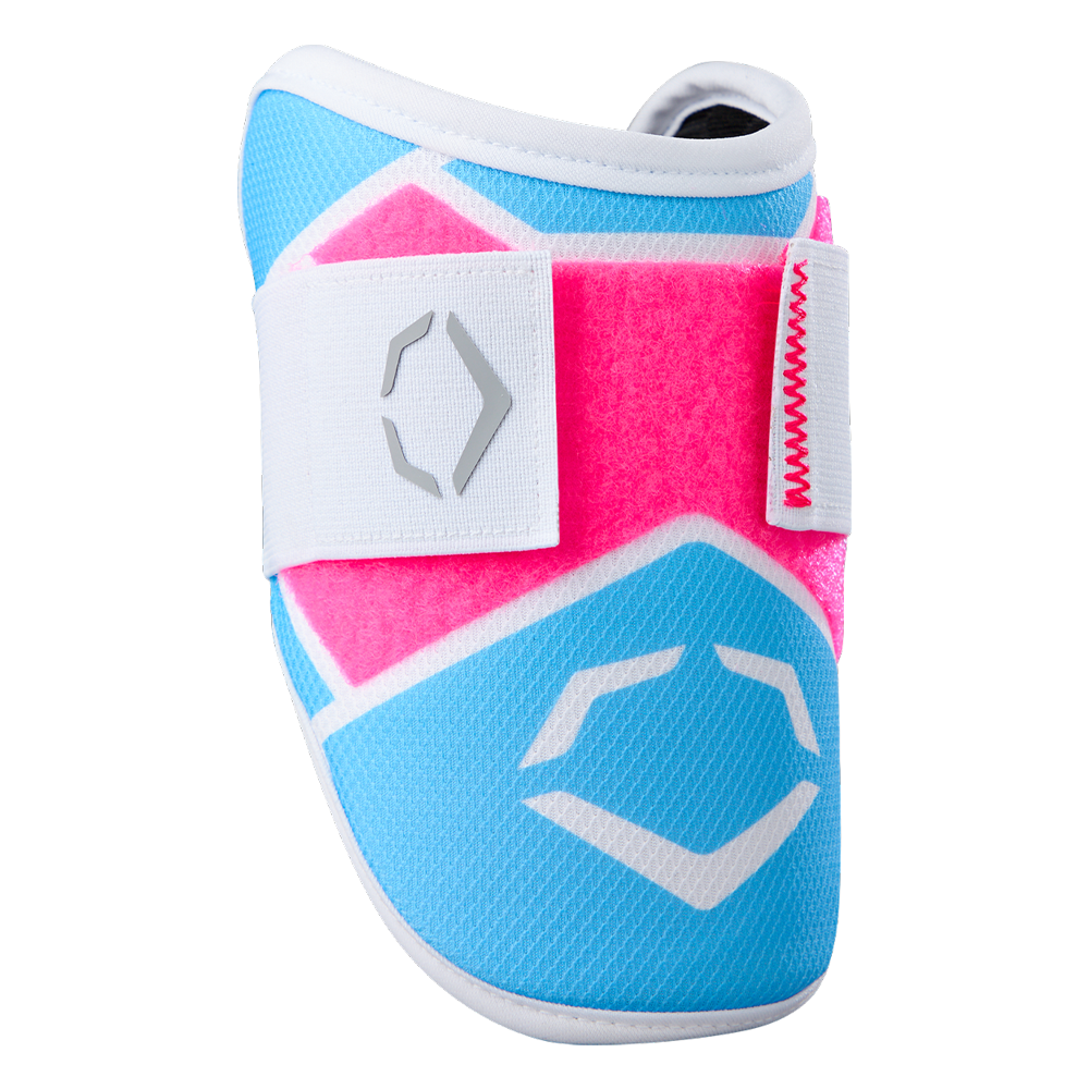 The EvoShield SRZ-2 Youth Batter's Elbow Guard (WB57645) by EvoShield features a Pink-Victory Blue design with a white strap, geometric logo, and red stitching. Built with Gel-to-Shell tech for custom molding, it's shown against a plain white background.