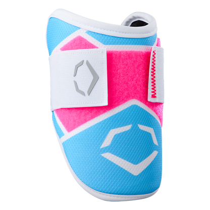 The EvoShield SRZ-2 Youth Batter's Elbow Guard (WB57645) by EvoShield features a Pink-Victory Blue design with a white strap, geometric logo, and red stitching. Built with Gel-to-Shell tech for custom molding, it's shown against a plain white background.