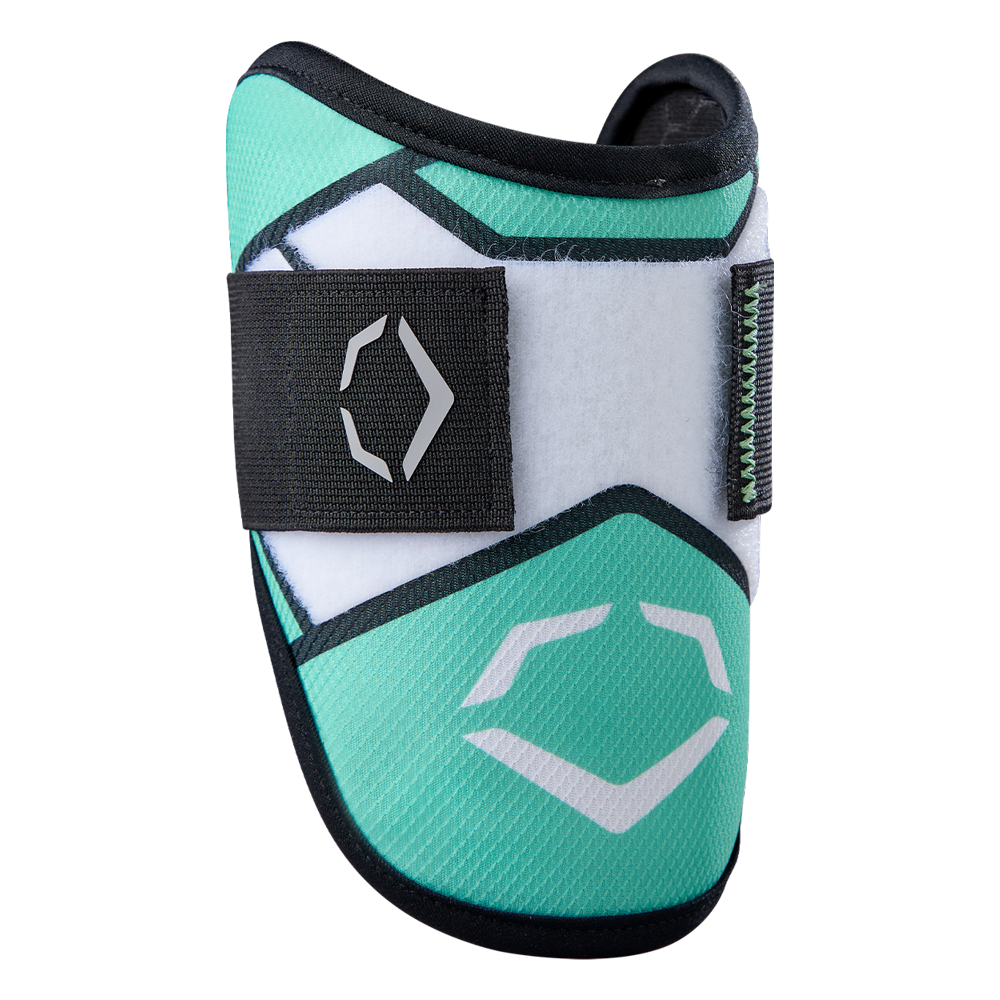 The EvoShield SRZ-2 Youth Batter's Elbow Guard (WB57645) by EvoShield features a seafoam and white design with black trim, an adjustable strap, geometric logos, and Gel-to-Shell technology for a custom-molded fit.