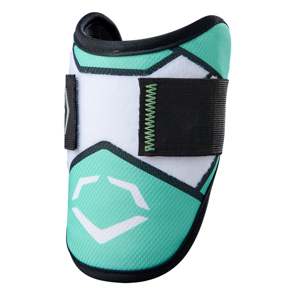 The EvoShield SRZ-2 Youth Batter's Elbow Guard (WB57645) by EvoShield features a teal and white design with black trim, a black Velcro strap, geometric patterns, a white logo on the front, and custom-molding shield technology for superior fit.