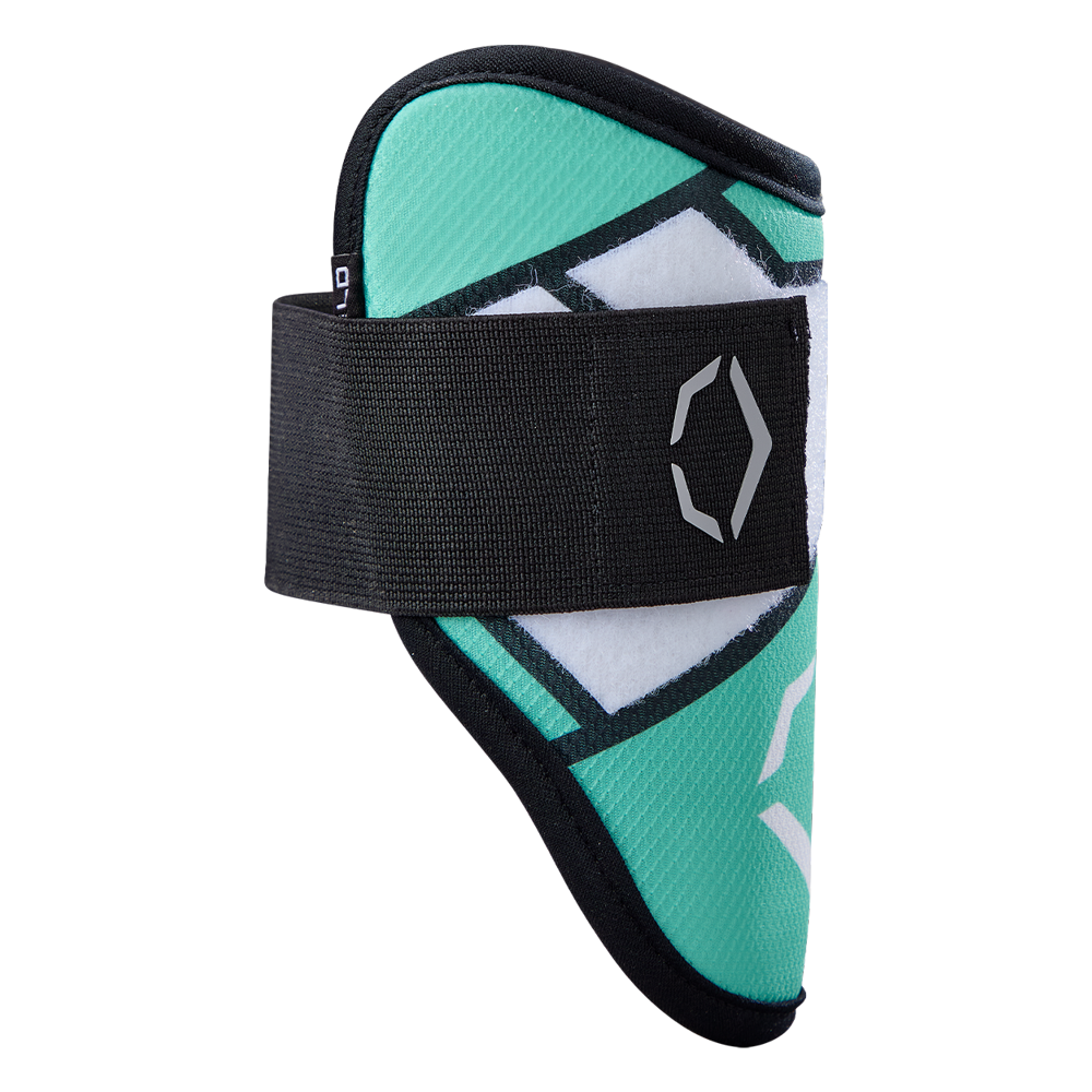 The EvoShield SRZ-2 Youth Batter's Elbow Guard (WB57645) by EvoShield is shown in teal and black with a thick elastic strap and white geometric logo, designed with Gel-to-Shell technology for superior protection. Photographed on a plain white background.