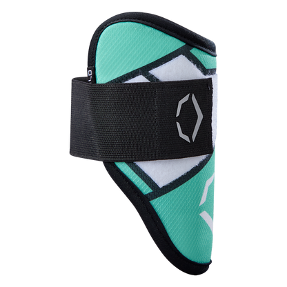 The EvoShield SRZ-2 Youth Batter's Elbow Guard (WB57645) by EvoShield is shown in teal and black with a thick elastic strap and white geometric logo, designed with Gel-to-Shell technology for superior protection. Photographed on a plain white background.
