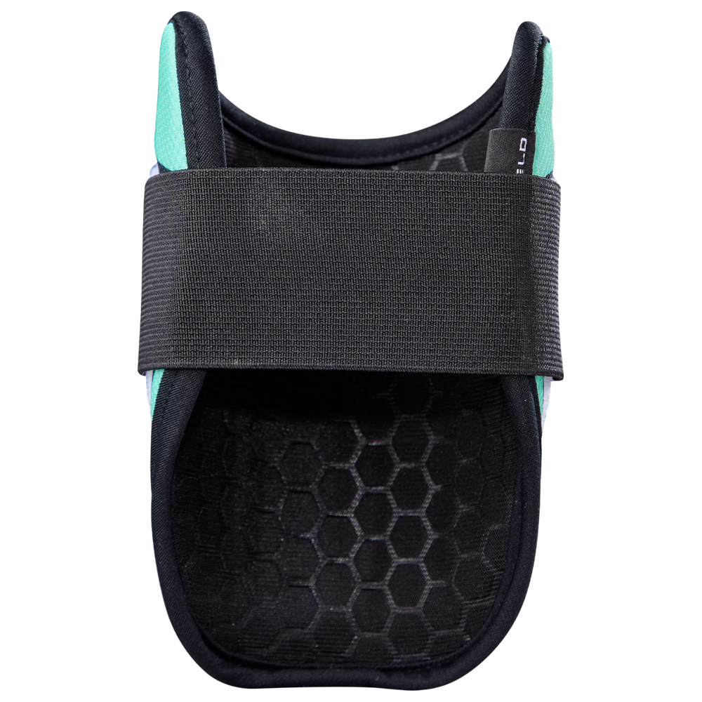 The EvoShield SRZ-2 Youth Batter's Elbow Guard (WB57645) by EvoShield features a black and teal design, hexagonal inner lining inspired by Gel-to-Shell tech, and a wide black front Velcro strap, displayed on a white background.