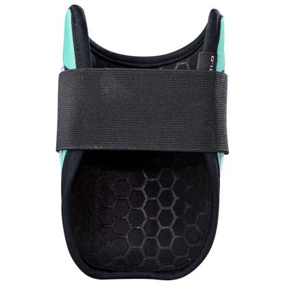 The EvoShield SRZ-2 Youth Batter's Elbow Guard (WB57645) by EvoShield features a black and teal design, hexagonal inner lining inspired by Gel-to-Shell tech, and a wide black front Velcro strap, displayed on a white background.