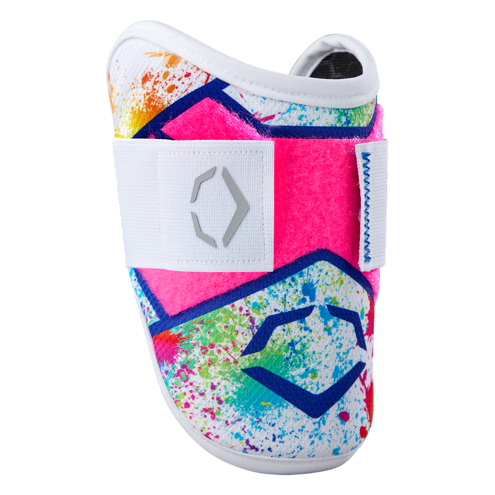 A vibrant EvoShield SRZ-2 Youth Batter's Elbow Guard (Splatter Paint) features a colorful geometric design and white strap with gray logo—perfect for bold style that matches your unique look.