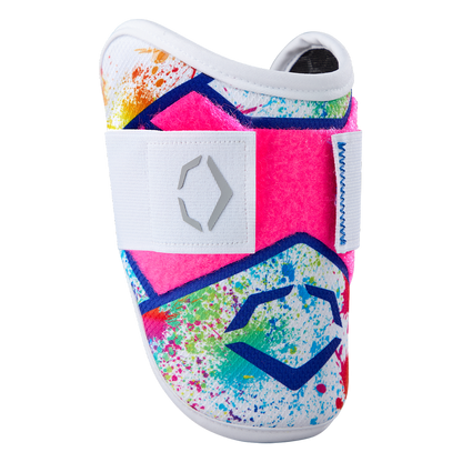 A vibrant EvoShield SRZ-2 Youth Batter's Elbow Guard (Splatter Paint) features a colorful geometric design and white strap with gray logo—perfect for bold style that matches your unique look.