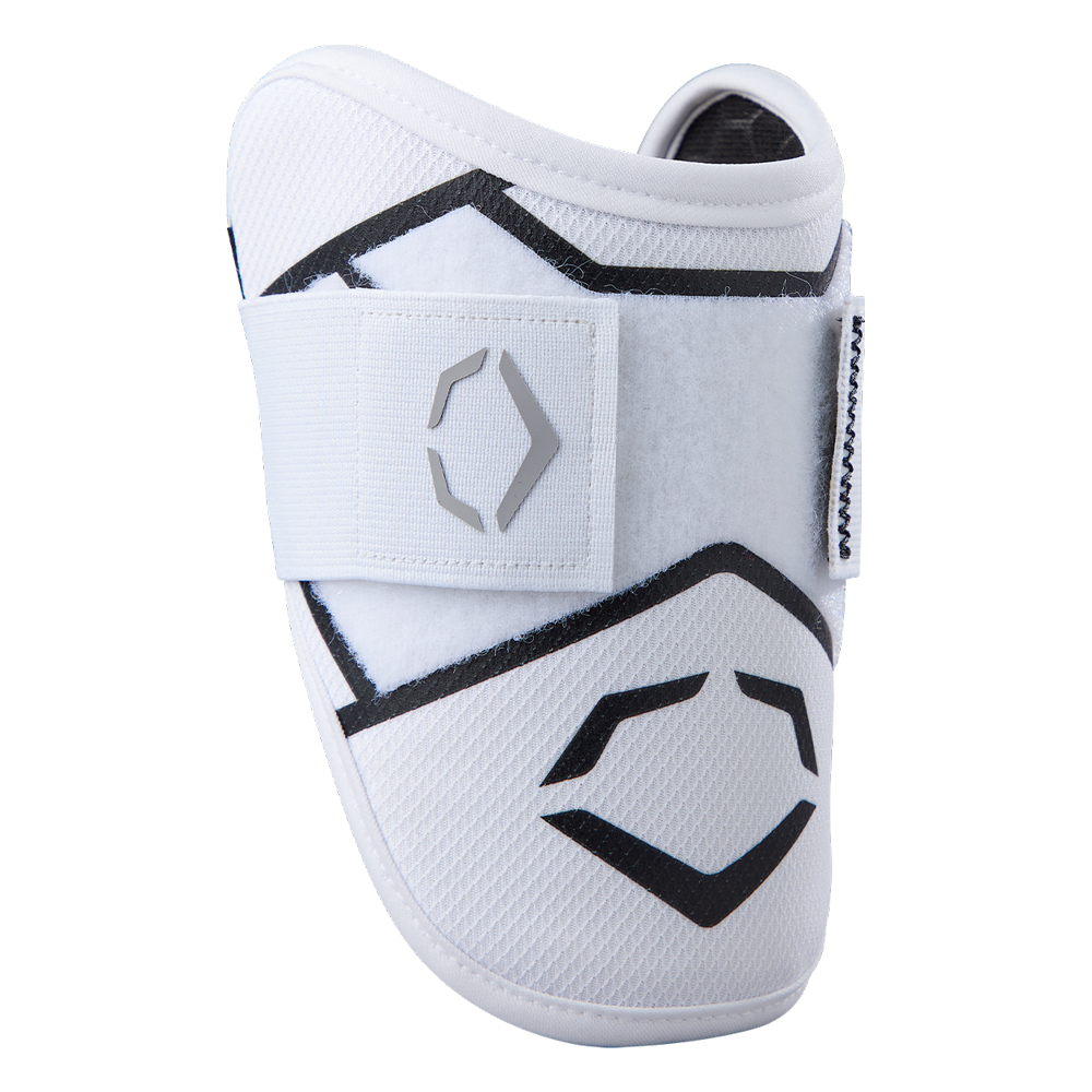 The EvoShield SRZ-2 Youth Batter's Elbow Guard (WB57645) by EvoShield features a white, mesh-like surface with Gel-to-Shell technology for custom fit, black geometric designs, grey logo, and a wide Velcro strap for top comfort and protection.