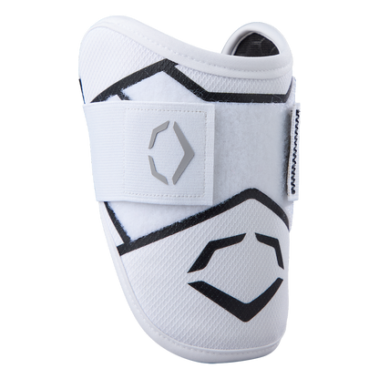 The EvoShield SRZ-2 Youth Batter's Elbow Guard (WB57645) by EvoShield features a white, mesh-like surface with Gel-to-Shell technology for custom fit, black geometric designs, grey logo, and a wide Velcro strap for top comfort and protection.