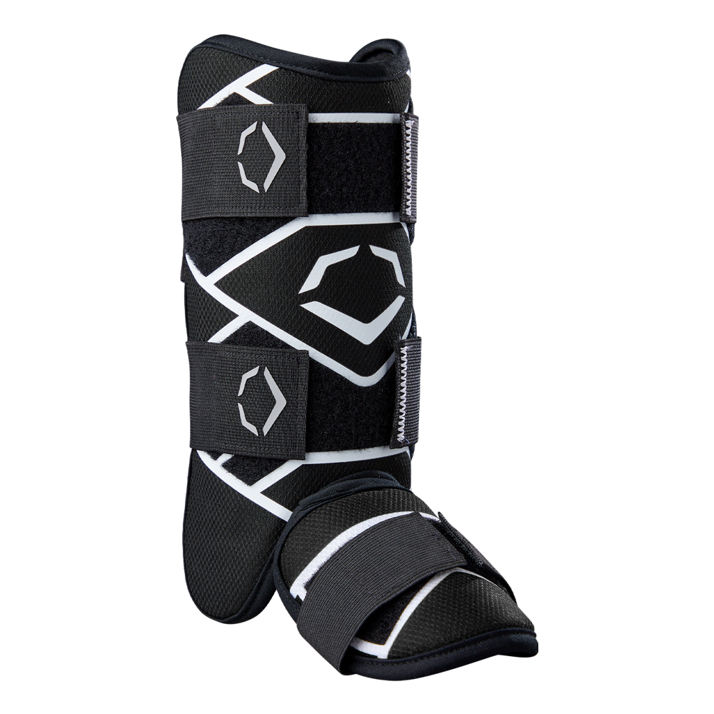 The EvoShield SRZ-2 Youth Batter's Leg Guard (WB57646) by EvoShield is a black leg guard with white geometric patterns and two Velcro straps, featuring an ergonomic baseball design, shown against a plain white background.