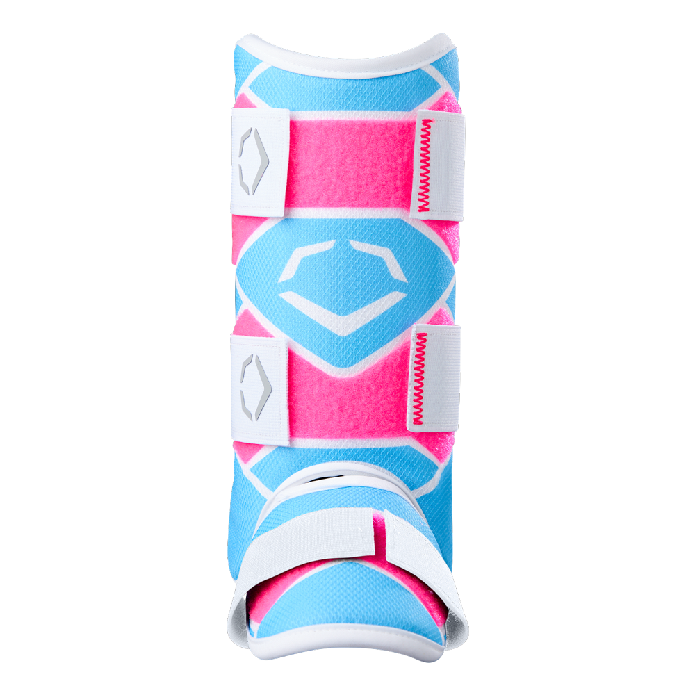 A front view of the EvoShield SRZ-2 Youth Batter's Leg Guard by EvoShield, featuring a blue base, bright pink accents, and white Velcro straps, inspired by protective baseball gear for foot or ankle support.