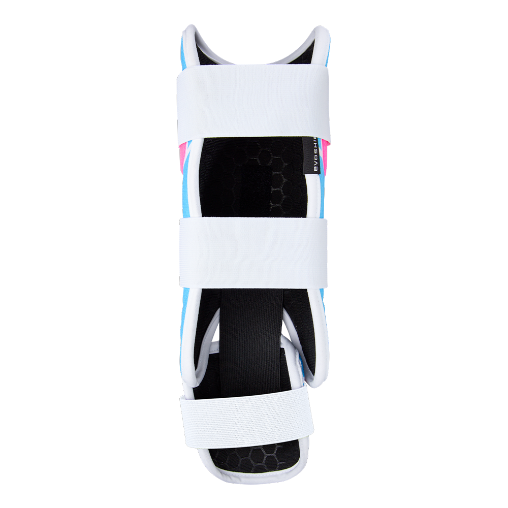 A top-down view of an EvoShield SRZ-2 Youth Batter's Leg Guard (WB57646) featuring three white adjustable straps and a black padded interior, designed for support and protection—similar to an orthopedic brace.