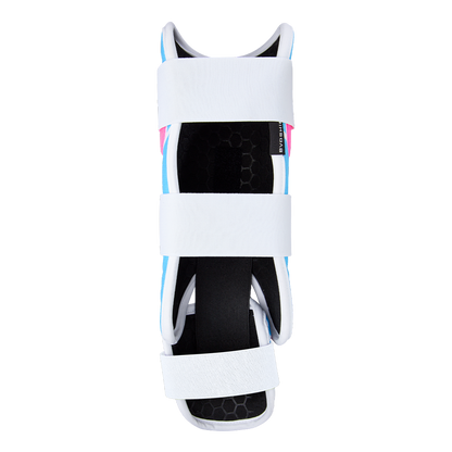 A top-down view of an EvoShield SRZ-2 Youth Batter's Leg Guard (WB57646) featuring three white adjustable straps and a black padded interior, designed for support and protection—similar to an orthopedic brace.