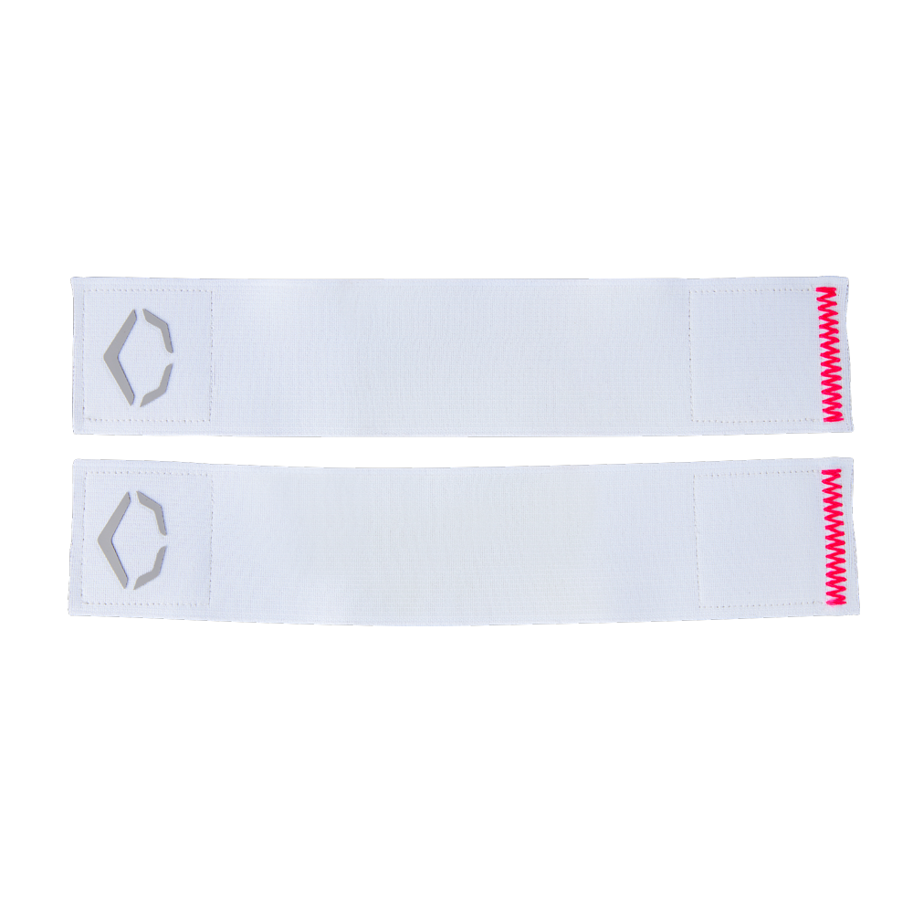 Two white fabric bands from the EvoShield SRZ-2 Youth Batter's Leg Guard (WB57646) by EvoShield show a gray geometric logo on one end and red zigzag stitching on the other, laid flat against a plain white background.