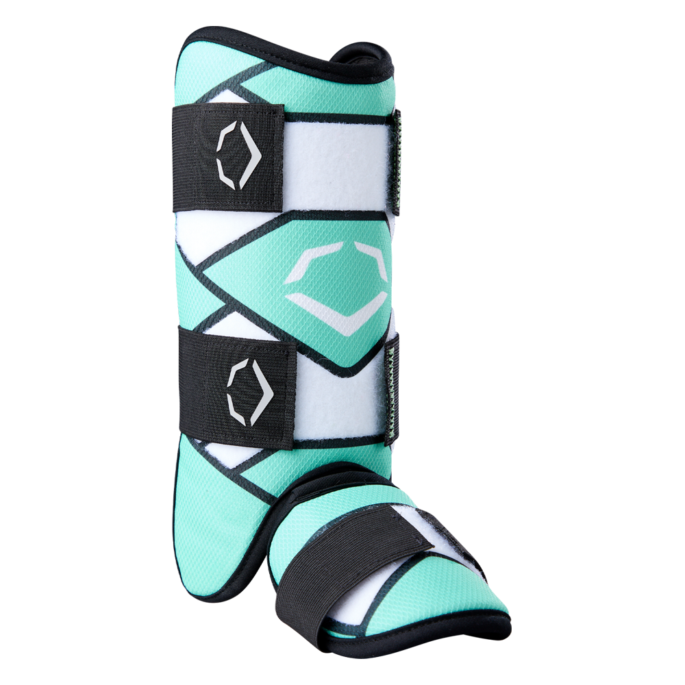 A seafoam EvoShield SRZ-2 Youth Batter's Leg Guard (WB57646) provides leg support and protection for young athletes, similar to a horse boot with Velcro straps and geometric patterns, combining safety and style.