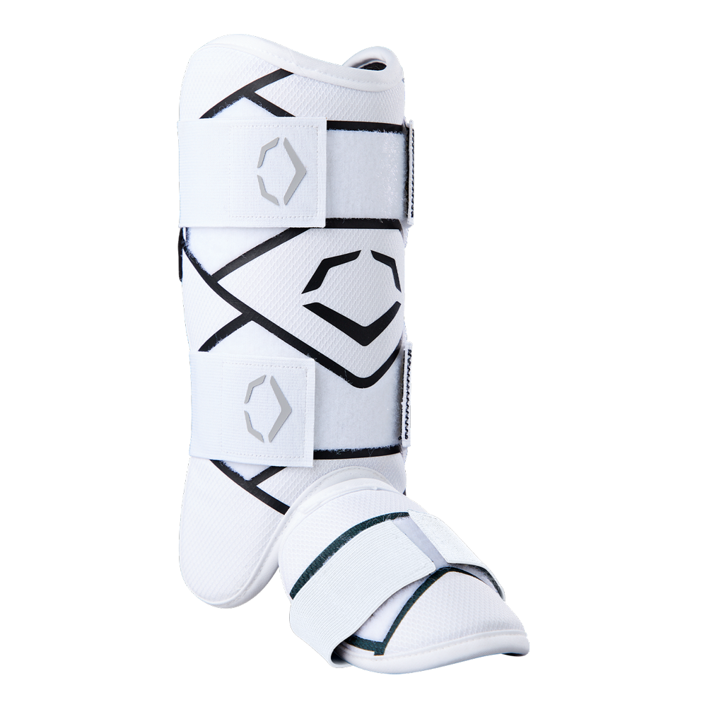 The EvoShield SRZ-2 Youth Batter's Leg Guard (WB57646) by EvoShield is a white ergonomic leg guard with black accents and velcro straps, designed to protect the shin and foot, shown standing on a neutral background.