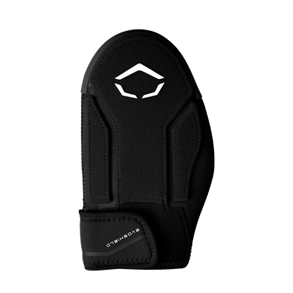 The EvoShield Shorty Sliding Mitt 2.0 (WB57728) in black features a white geometric logo and “EVOSHIELD” branding on the adjustable wrist strap, providing superior hand protection for baseball. Shown against a plain white background.