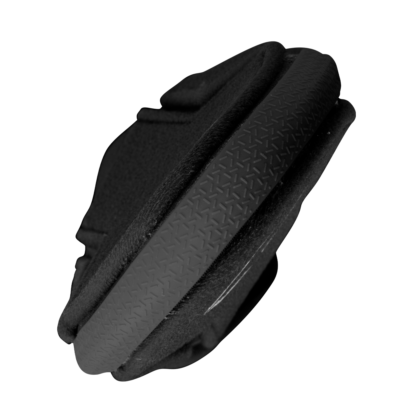 A close-up of the EvoShield Shorty Sliding Mitt 2.0 (model WB57728) by EvoShield highlights its black, textured, rubber-like surface and curved edges, crafted for premium baseball hand protection against a plain white background.