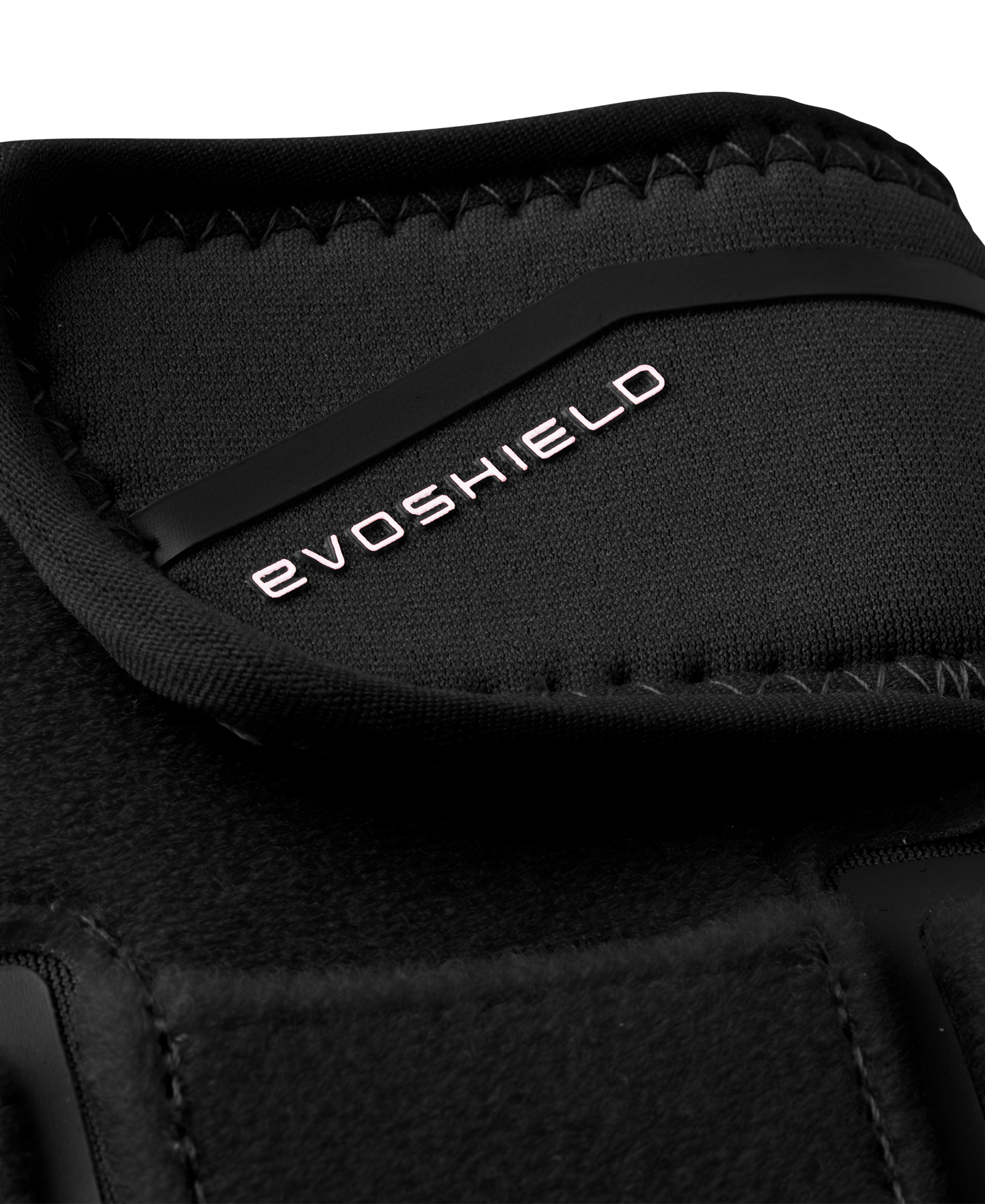 Close-up of the EvoShield Shorty Sliding Mitt 2.0 (WB57728) in black, showing white EvoShield branding on the strap with visible texture and stitching details for baseball hand protection.