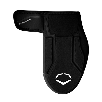 The EvoShield Shorty Sliding Mitt 2.0 (WB57728) is a black padded mitt with a white logo, designed by EvoShield to cover the hand and wrist for top-tier baseball protection on slides.