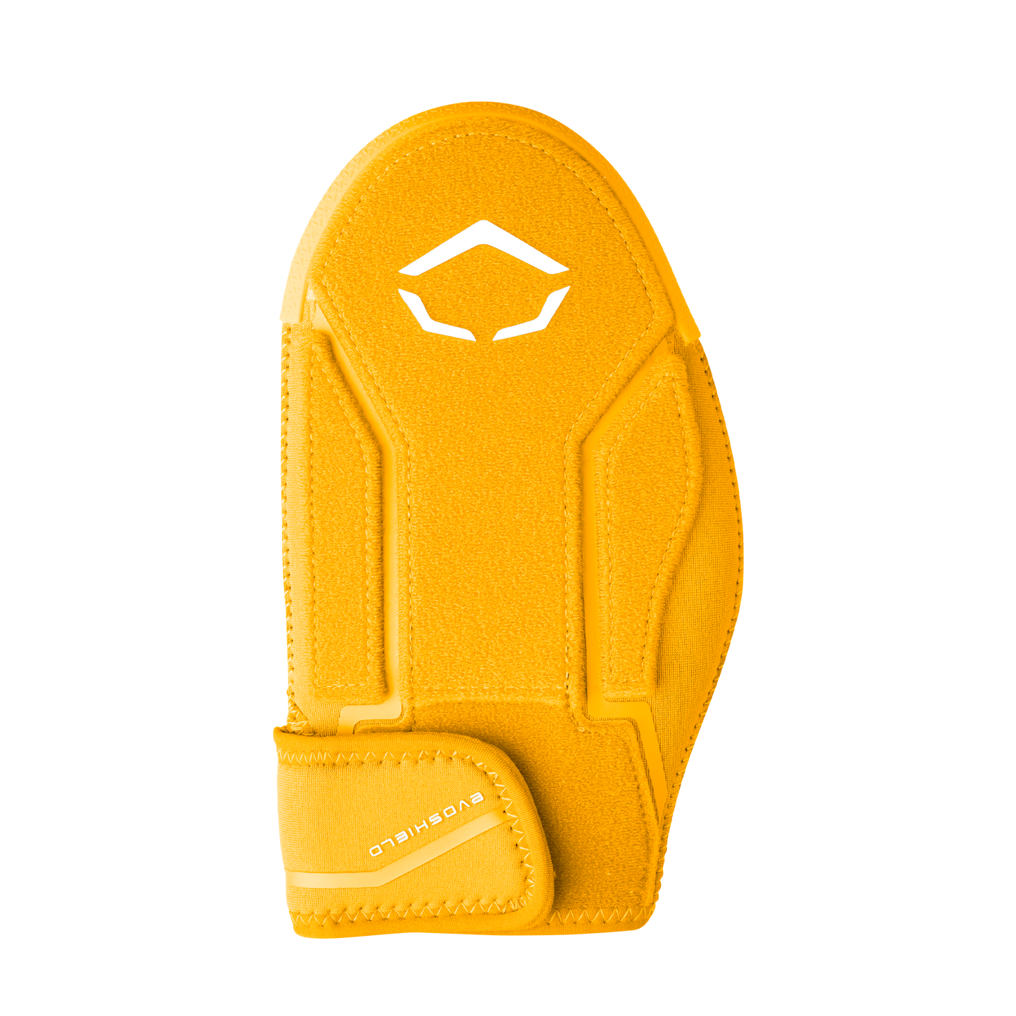 The EvoShield Shorty Sliding Mitt 2.0 (WB57728) features a bright yellow design with a white geometric logo and a Velcro wrist strap labeled EvoShield, offering baseball hand protection, shown on a plain white background.