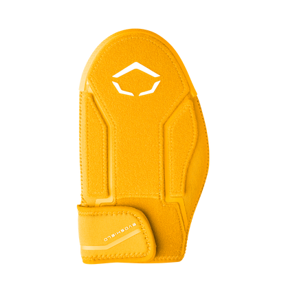 The EvoShield Shorty Sliding Mitt 2.0 (WB57728) features a bright yellow design with a white geometric logo and a Velcro wrist strap labeled EvoShield, offering baseball hand protection, shown on a plain white background.