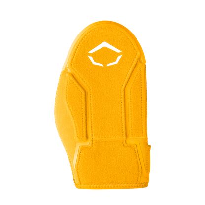 The EvoShield Shorty Sliding Mitt 2.0 (WB57728) by EvoShield is a bright yellow mitt with geometric stitching and a white hexagonal logo, designed for baseball hand protection and shown on a plain white background.