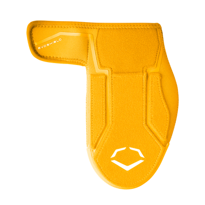The EvoShield Shorty Sliding Mitt 2.0 (WB57728) is a yellow protective mitt with a white logo, designed for athletes needing top baseball hand protection, shown against a plain white background.