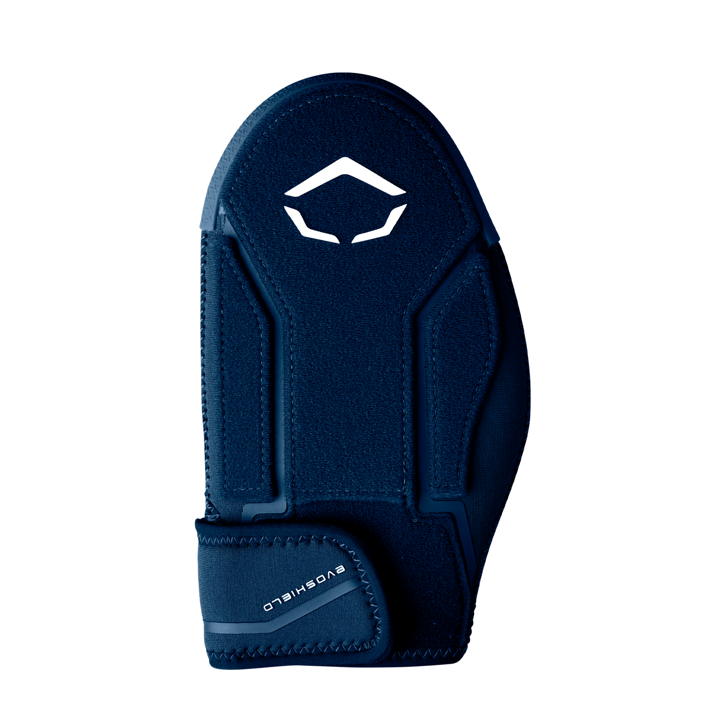 The EvoShield Shorty Sliding Mitt 2.0 (WB57728) offers baseball hand protection in navy blue, featuring a white geometric logo on top and EVOSHIELD branding on the adjustable wrist strap.