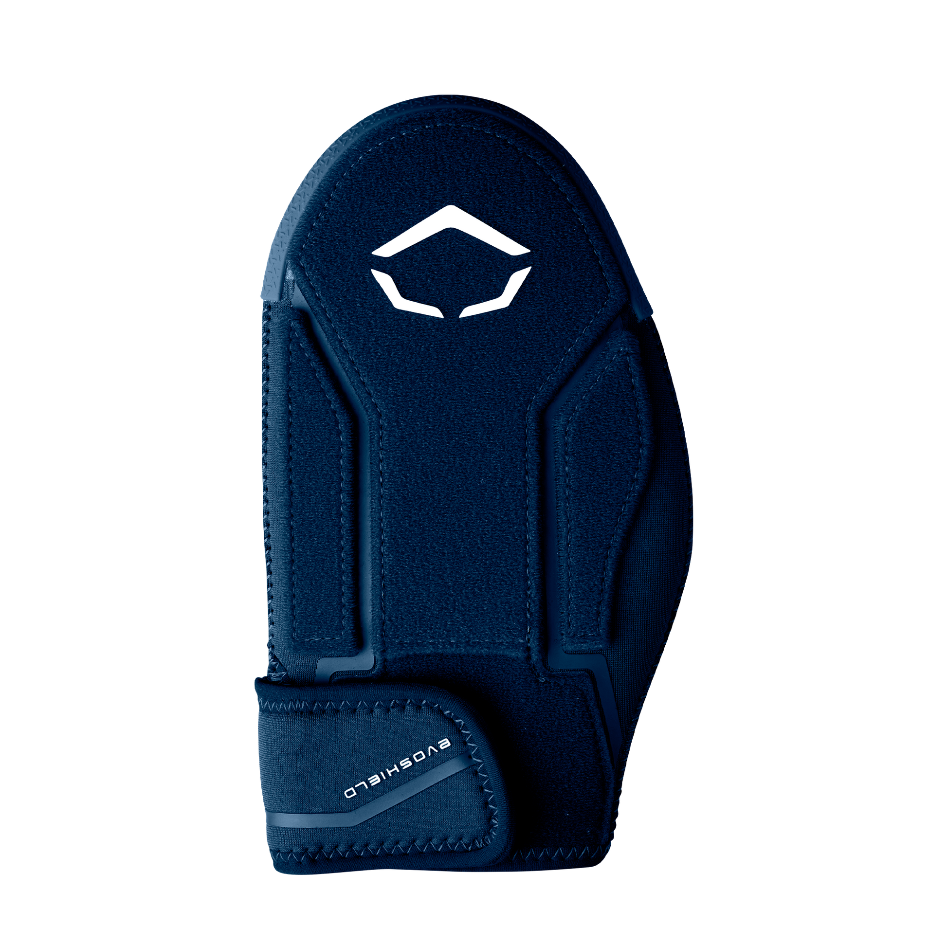 The EvoShield Shorty Sliding Mitt 2.0 (WB57728) offers baseball hand protection in navy blue, featuring a white geometric logo on top and EVOSHIELD branding on the adjustable wrist strap.
