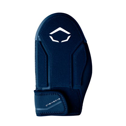 The EvoShield Shorty Sliding Mitt 2.0 (WB57728) offers baseball hand protection in navy blue, featuring a white geometric logo on top and EVOSHIELD branding on the adjustable wrist strap.