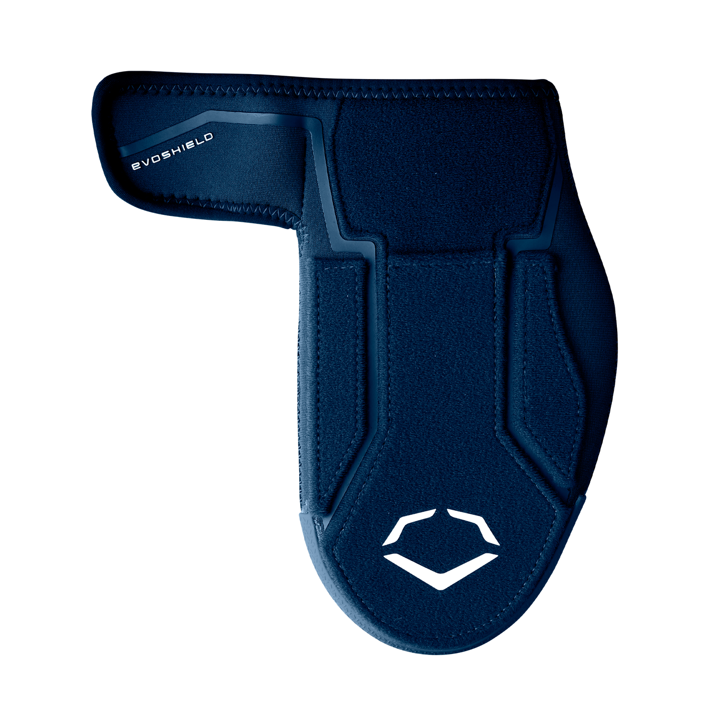 The EvoShield Shorty Sliding Mitt 2.0 (WB57728) is a navy blue mitt with visible stitching, a white EvoShield logo near the bottom, and an adjustable strap at the top left, designed for optimal baseball hand protection.