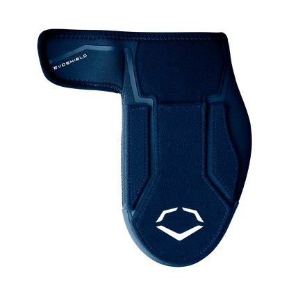The EvoShield Shorty Sliding Mitt 2.0 (WB57728) is a navy blue mitt with visible stitching, a white EvoShield logo near the bottom, and an adjustable strap at the top left, designed for optimal baseball hand protection.