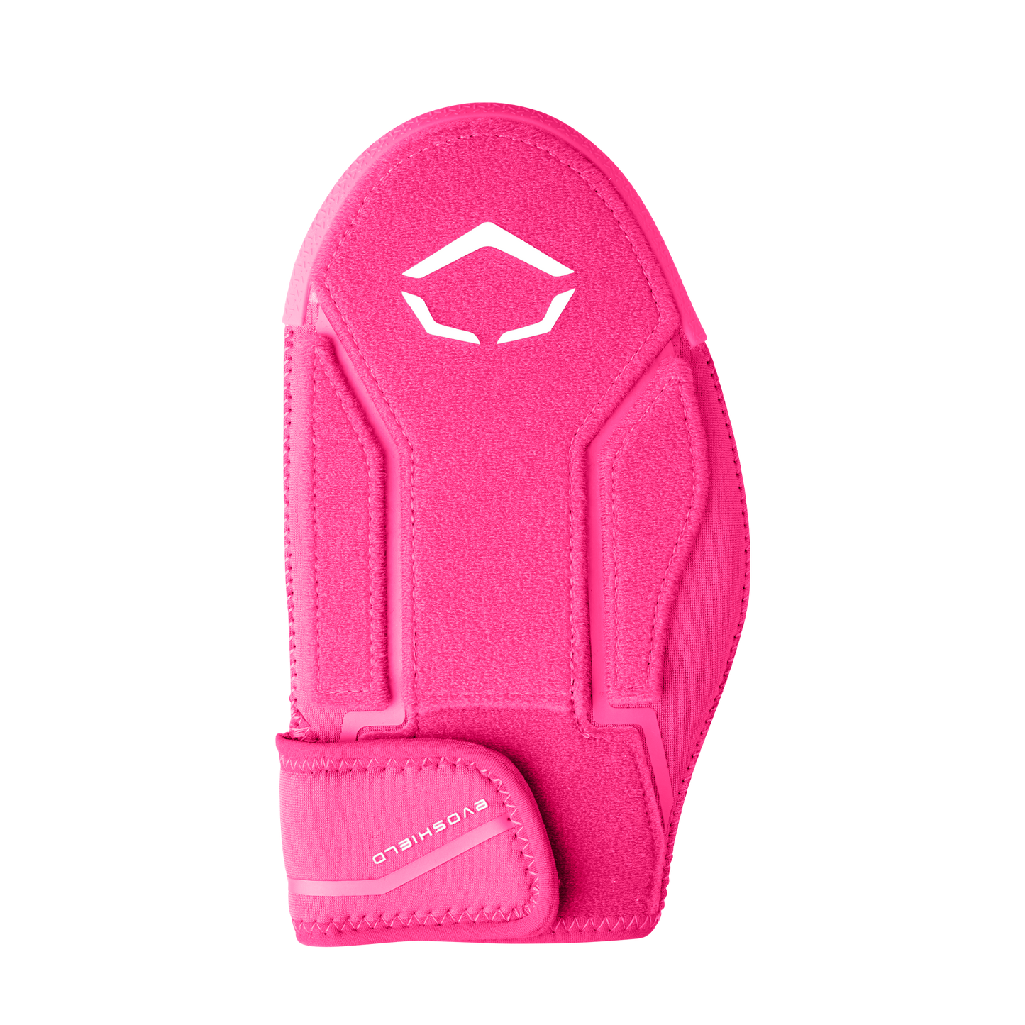 The EvoShield Shorty Sliding Mitt 2.0 (WB57728) features bright pink padding for baseball hand protection, a white geometric logo on top, and a Velcro strap labeled “EVOSHIELD.” Shown on a white background.