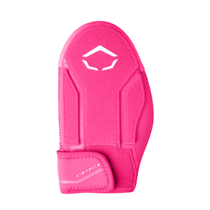 The EvoShield Shorty Sliding Mitt 2.0 (WB57728) features bright pink padding for baseball hand protection, a white geometric logo on top, and a Velcro strap labeled “EVOSHIELD.” Shown on a white background.
