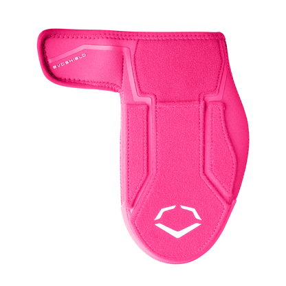 The EvoShield Shorty Sliding Mitt 2.0 (WB57728) is a bright pink baseball mitt with padded protection and a Velcro strap featuring the EvoShield logo, shown on a plain white background.