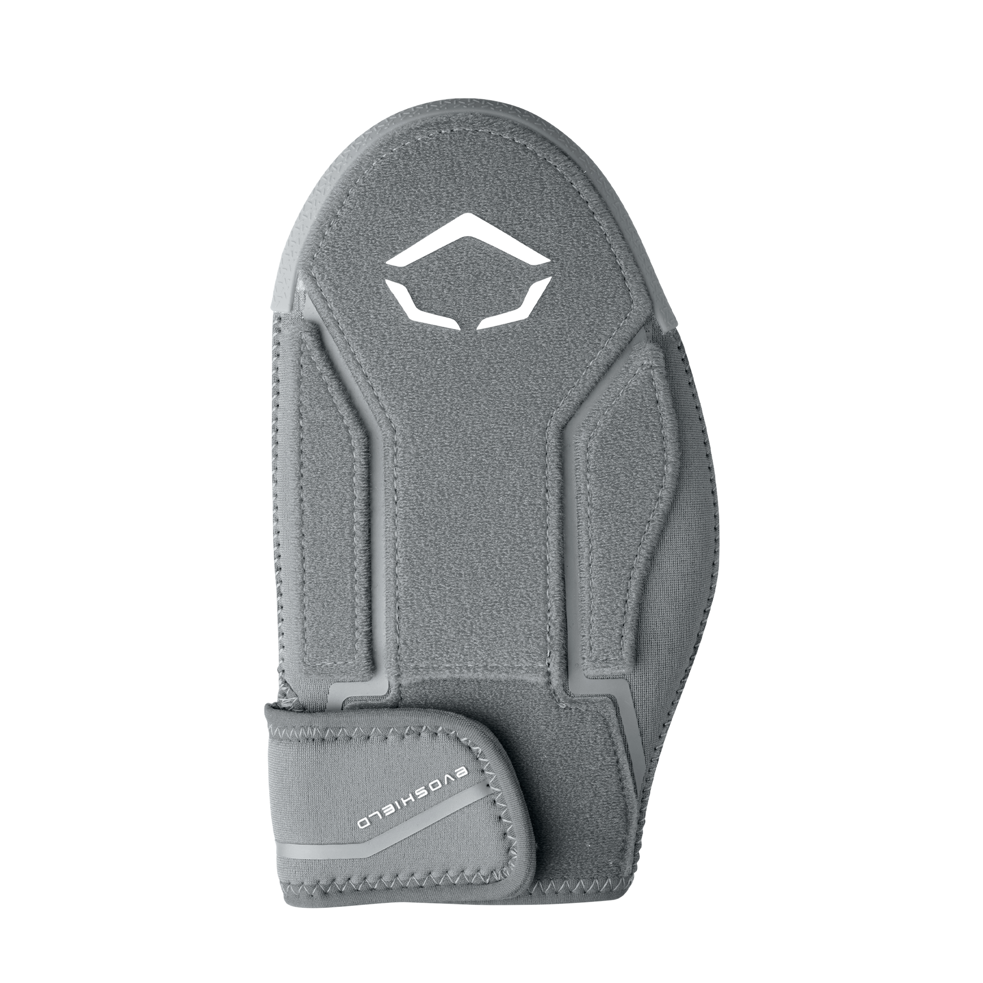 The EvoShield Shorty Sliding Mitt 2.0 (WB57728) is a gray padded baseball mitt with a geometric white logo and Velcro strap, offering premium hand protection. Brand: EvoShield. Pictured on a plain white background.
