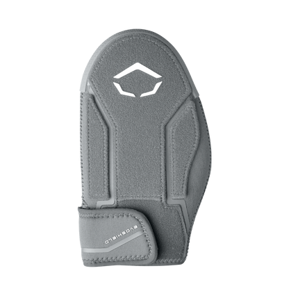 The EvoShield Shorty Sliding Mitt 2.0 (WB57728) is a gray padded baseball mitt with a geometric white logo and Velcro strap, offering premium hand protection. Brand: EvoShield. Pictured on a plain white background.