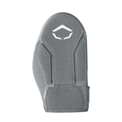The EvoShield Shorty Sliding Mitt 2.0 (WB57728) in gray offers padded baseball hand protection with stitched details and a geometric cutout near the top, shown on a plain white background.