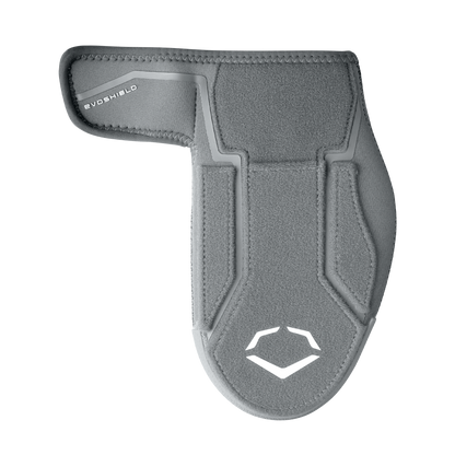 The EvoShield Shorty Sliding Mitt 2.0 (WB57728) is a gray baseball mitt with a white logo, providing padded hand and wrist protection and a secure fit for sports use, shown on a plain white background.