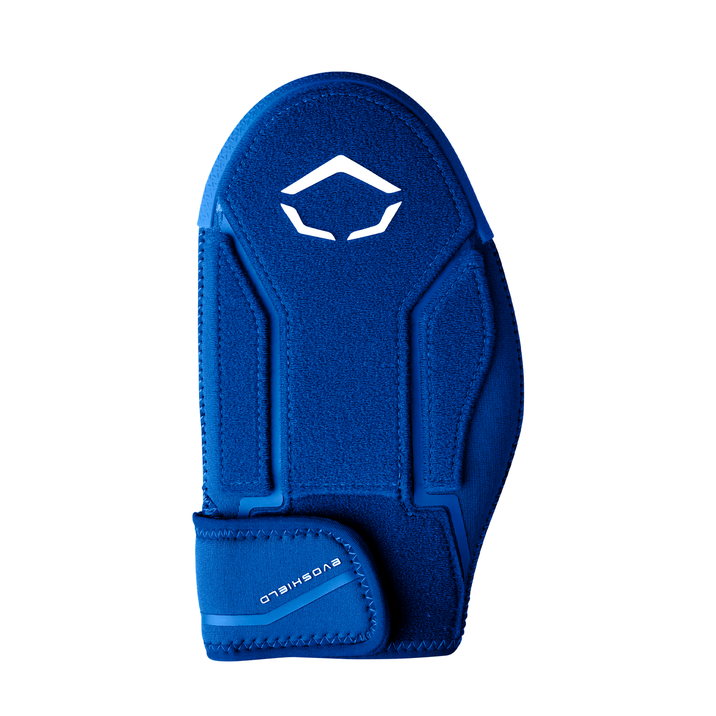 The EvoShield Shorty Sliding Mitt 2.0 (WB57728) is a blue mitt with a white geometric logo near the top and "EVOSHIELD" on the adjustable strap, offering premium baseball hand protection.