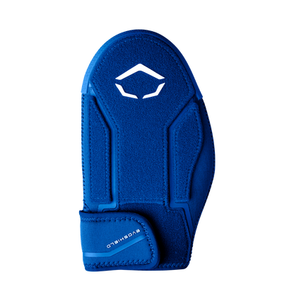 The EvoShield Shorty Sliding Mitt 2.0 (WB57728) is a blue mitt with a white geometric logo near the top and "EVOSHIELD" on the adjustable strap, offering premium baseball hand protection.