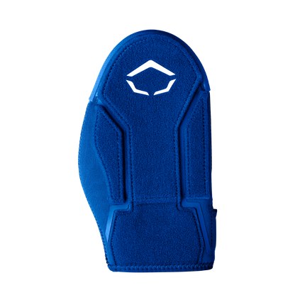 The EvoShield Shorty Sliding Mitt 2.0 (WB57728) is a blue contoured protective pad with angular stitching, a white geometric logo near the top, and a textured surface, designed for superior baseball hand protection.